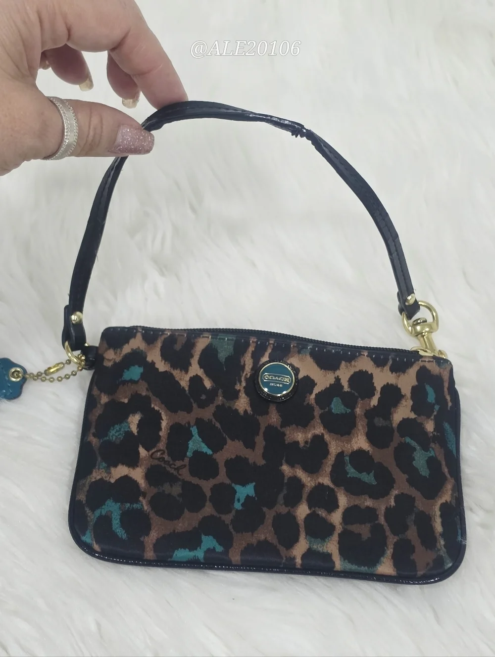 Coach Leopard Print Wristlet Zip Pouch Brown Teal Small Bag